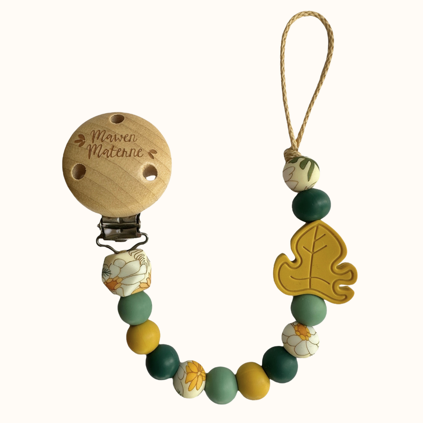 Attache tétine feuille Mawen Materne perles en silicone vert jaune