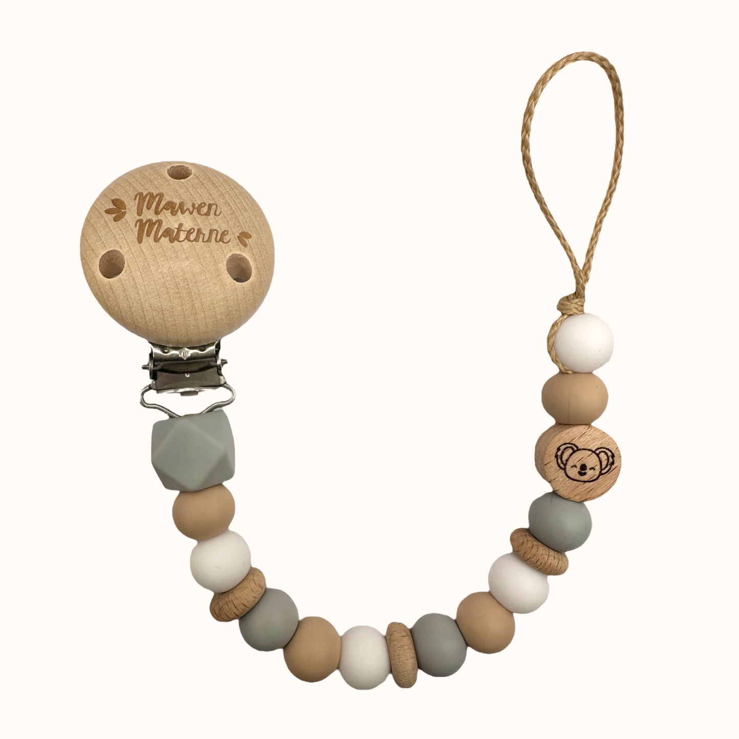 Attache tétine koala Mawen Materne perles en silicone gris blanc beige