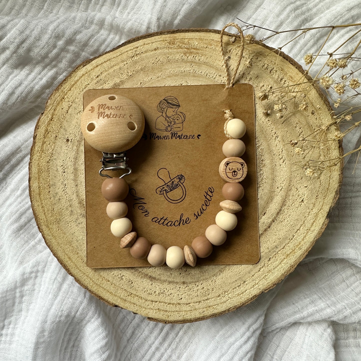 Attache tétine ours Mawen Materne perles en silicone marron beige