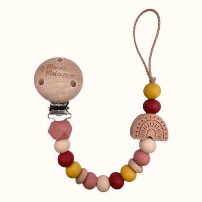 Attache tétine arc en ciel Mawen Materne perles en silicone rose jaune beige