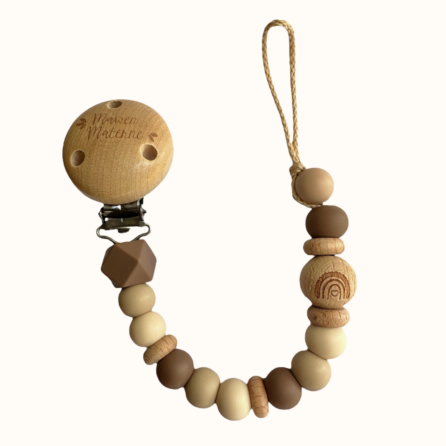 Attache tétine arc en ciel Mawen Materne perles en silicone marron beige