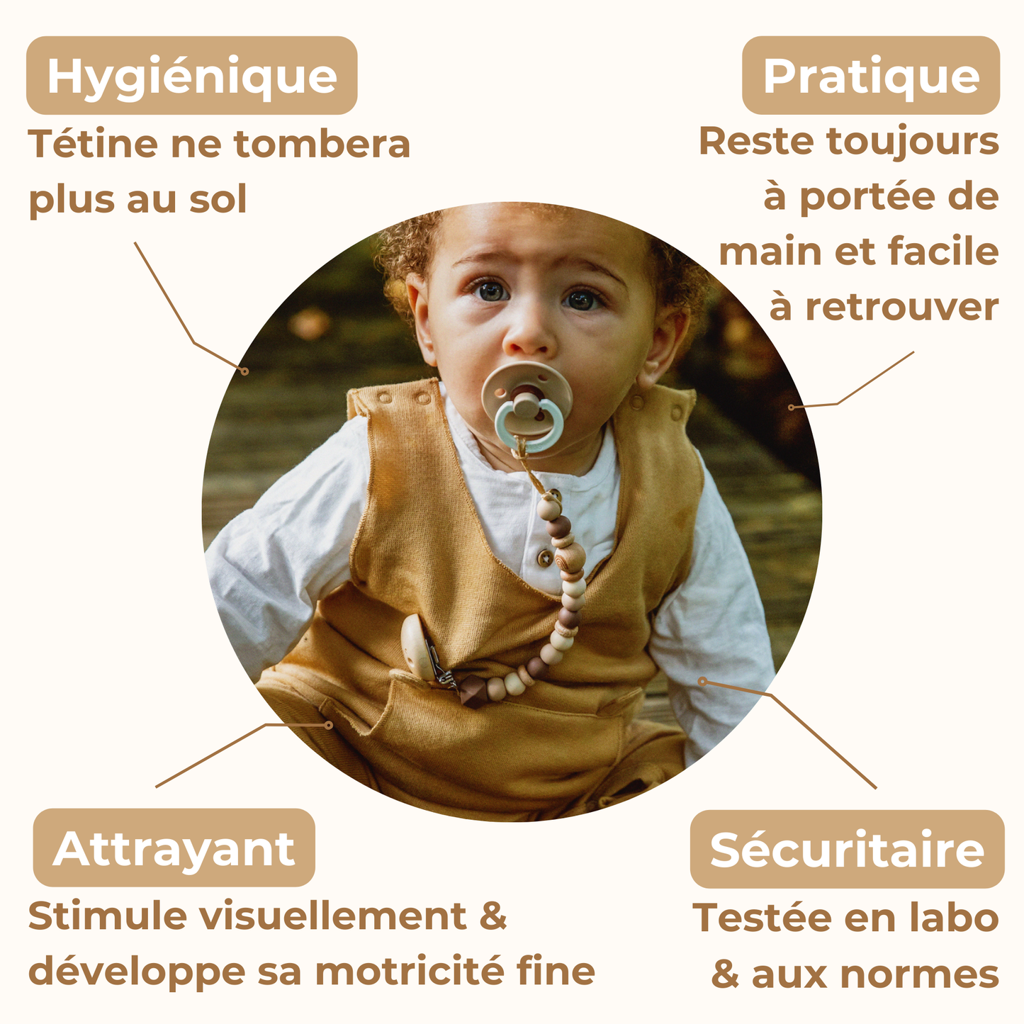 Attache tétine arc en ciel Mawen Materne perles en silicone marron beige