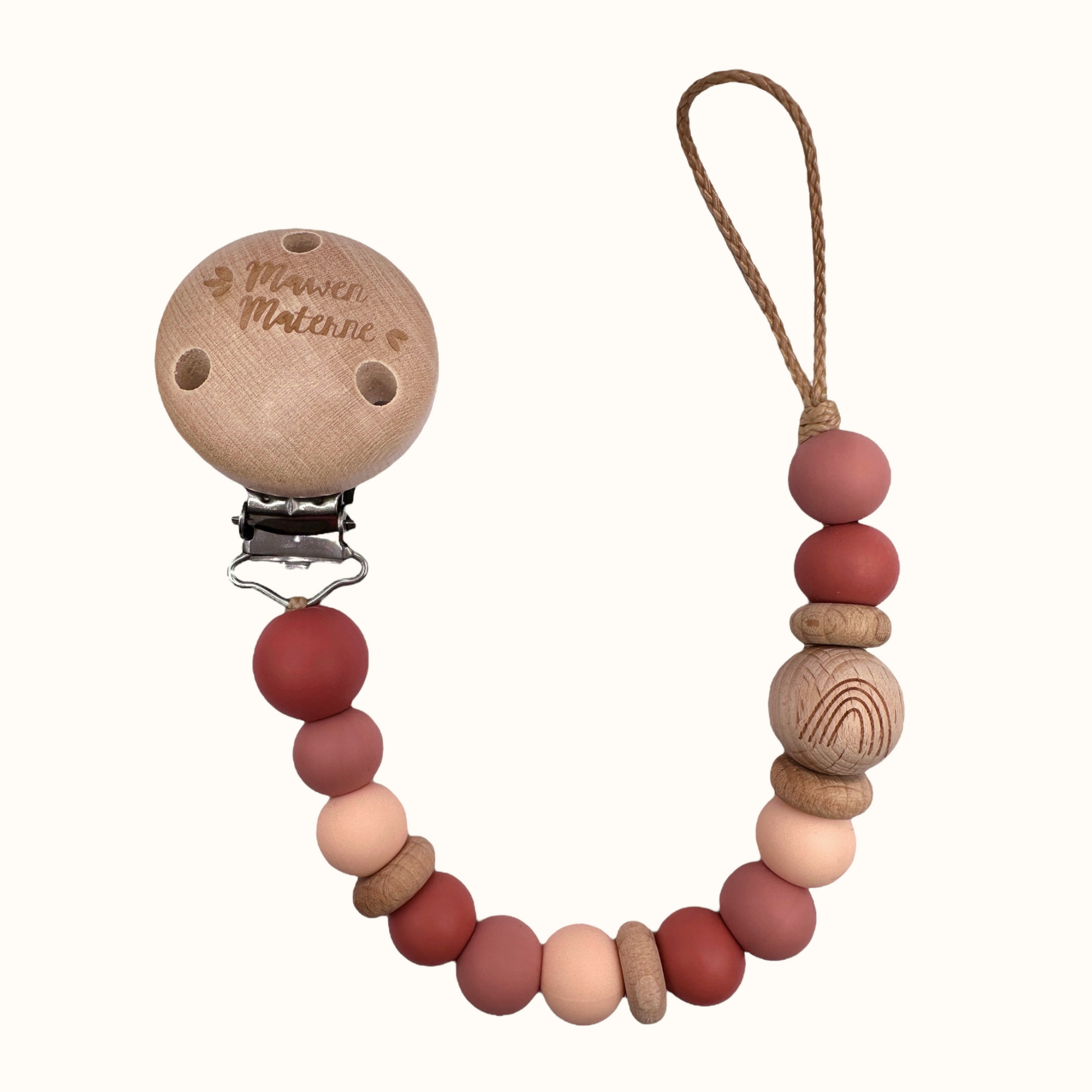 Attache tétine arc en ciel Mawen Materne perles en silicone rose 