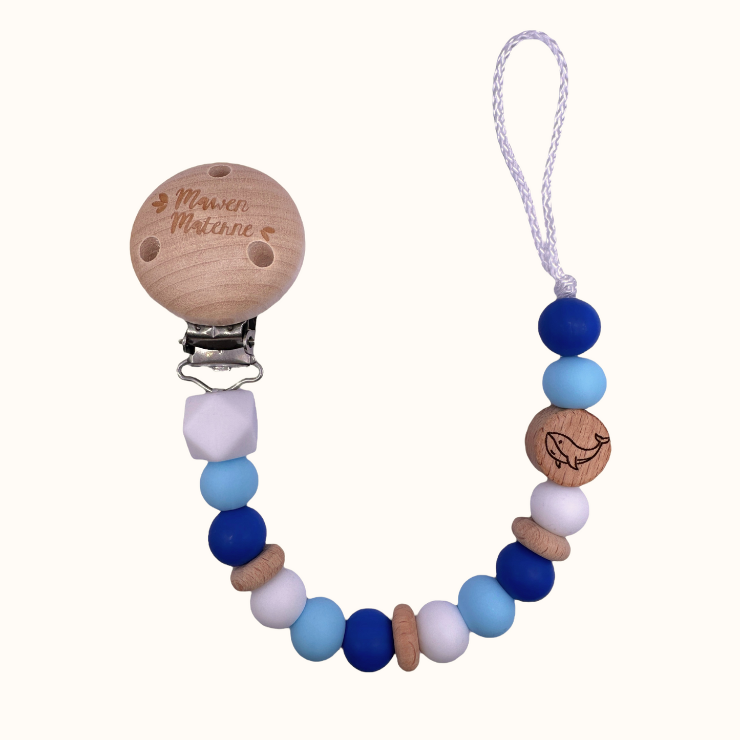 Attache tétine baleine Mawen Materne perles en silicone blanc bleu