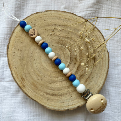 Attache tétine baleine Mawen Materne perles en silicone blanc bleu