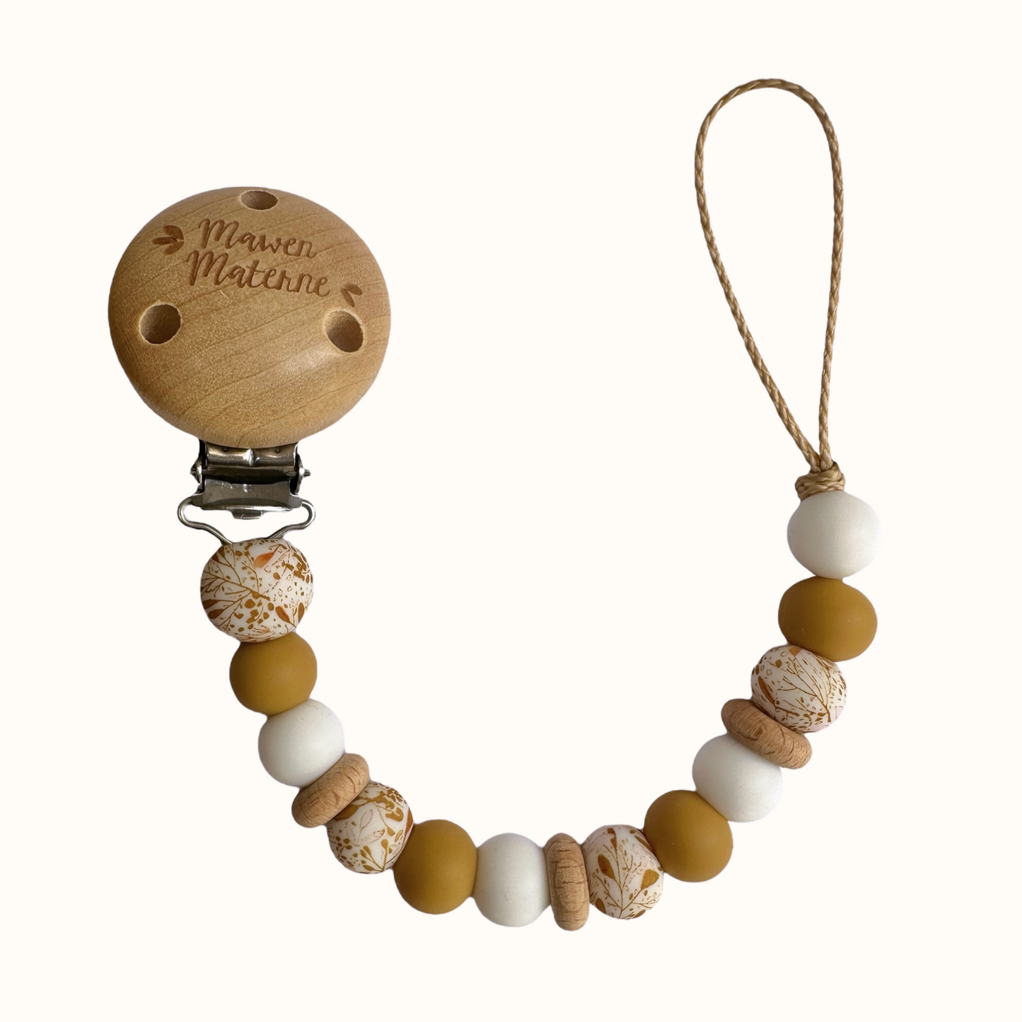 Attache tétine caramel Mawen Materne perles en silicone amande blanc