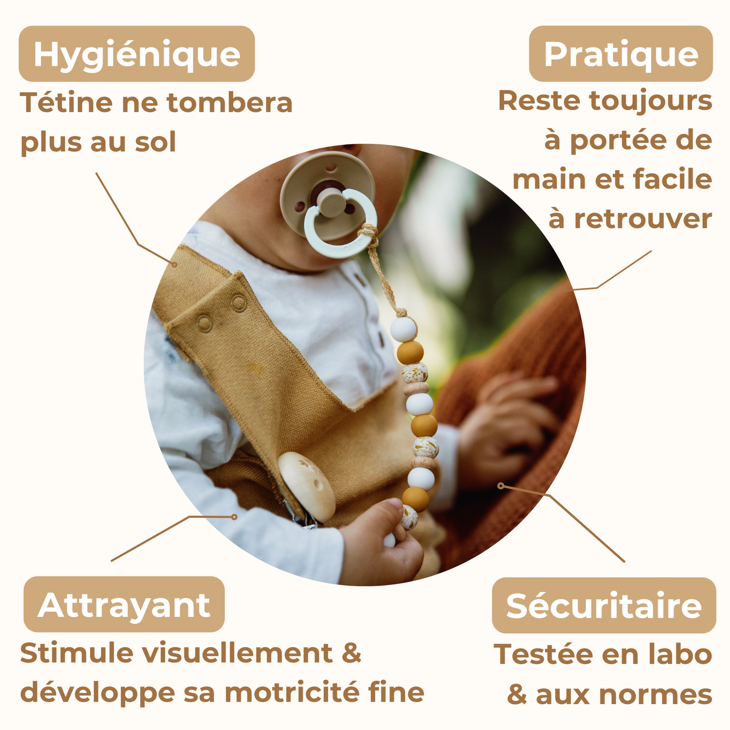 Attache tétine caramel Mawen Materne perles en silicone amande blanc