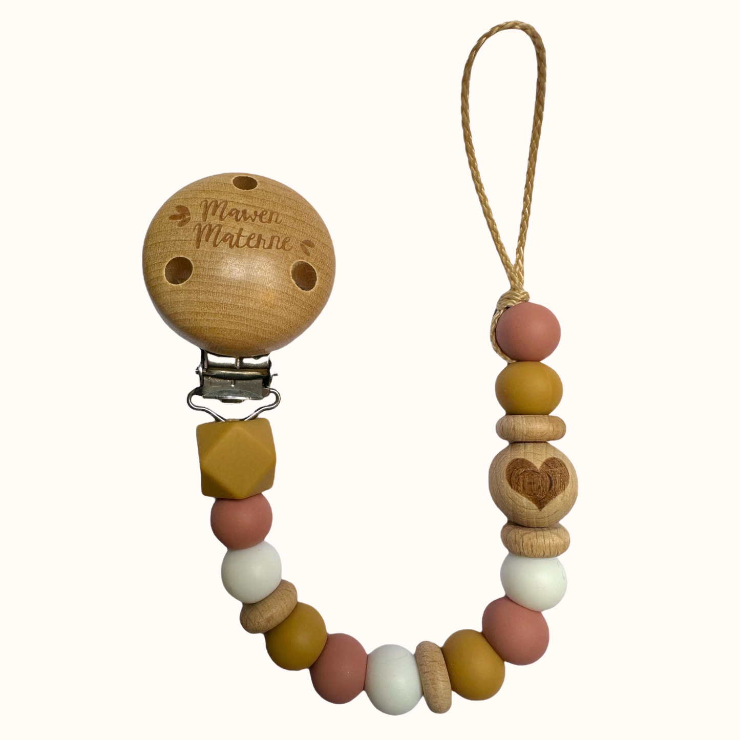 Attache tétine coeur Mawen Materne perles en silicone rose blanc