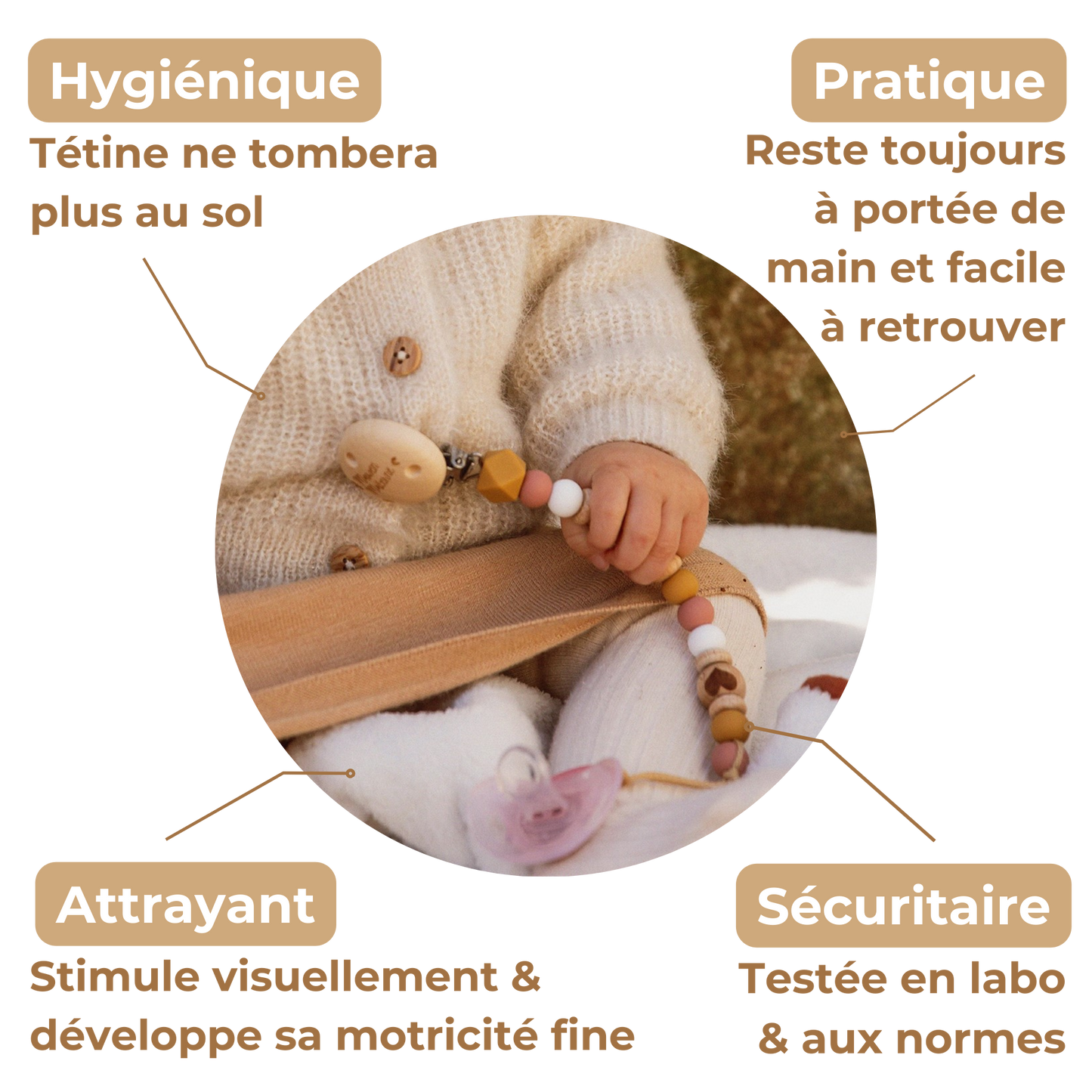 Attache tétine coeur Mawen Materne perles en silicone rose blanc