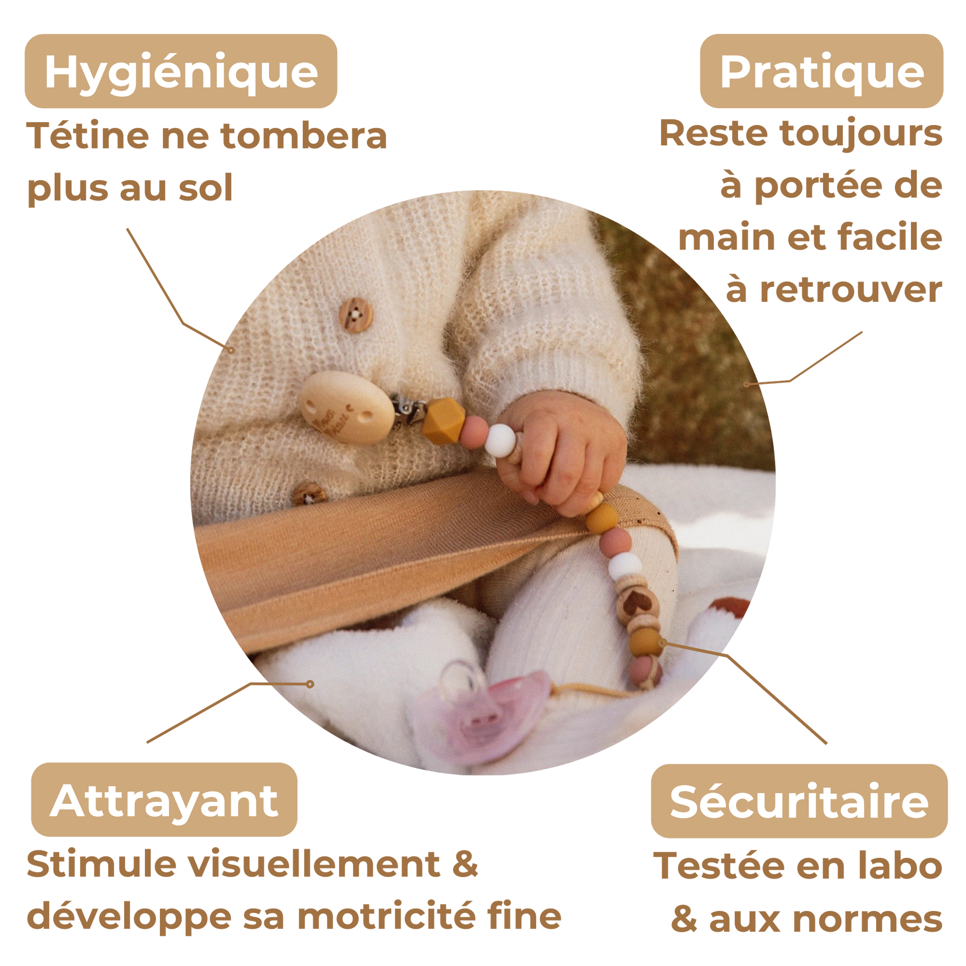 Attache tétine coeur Mawen Materne perles en silicone rose blanc