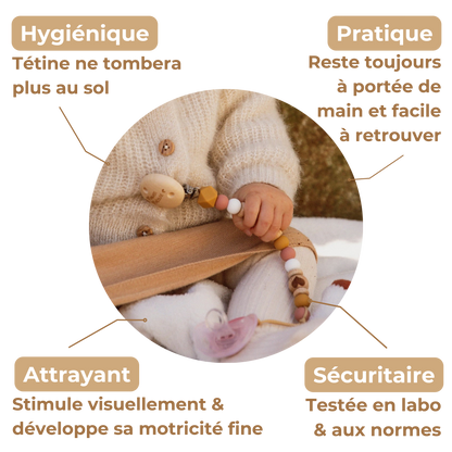 Attache tétine coeur Mawen Materne perles en silicone rose blanc