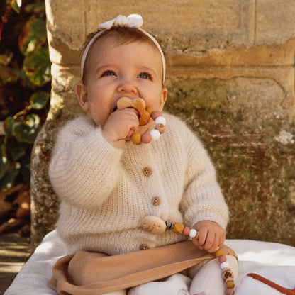 Attache tétine coeur Mawen Materne perles en silicone rose blanc