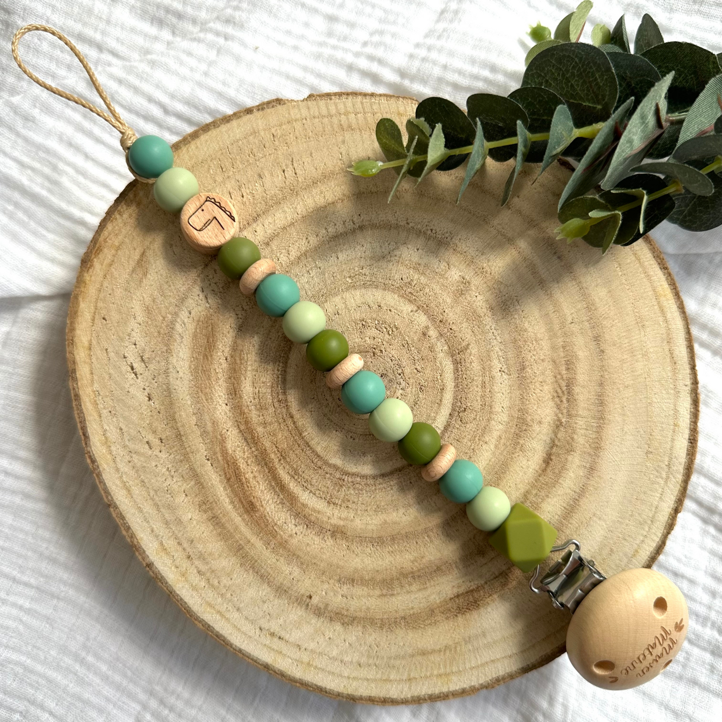 Attache tétine dinosaure Mawen Materne perles en silicone vert