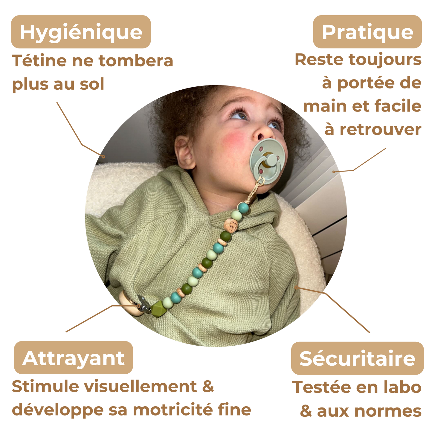 Attache tétine dinosaure Mawen Materne perles en silicone vert