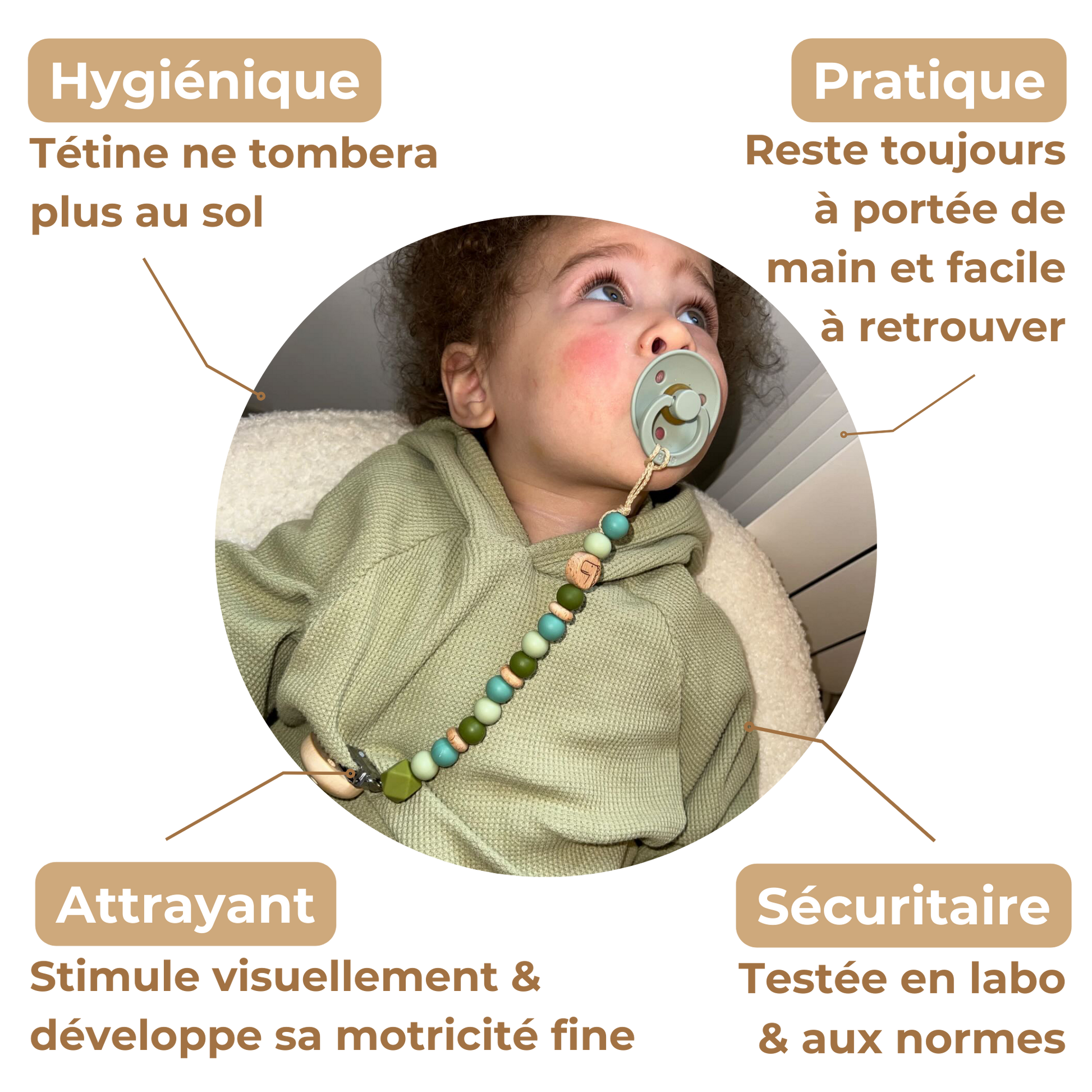 Attache tétine dinosaure Mawen Materne perles en silicone vert