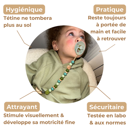 Attache tétine dinosaure Mawen Materne perles en silicone vert