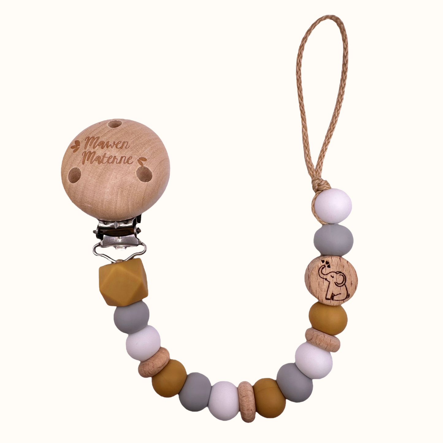 Attache tétine éléphant Mawen Materne perles en silicone gris blanc