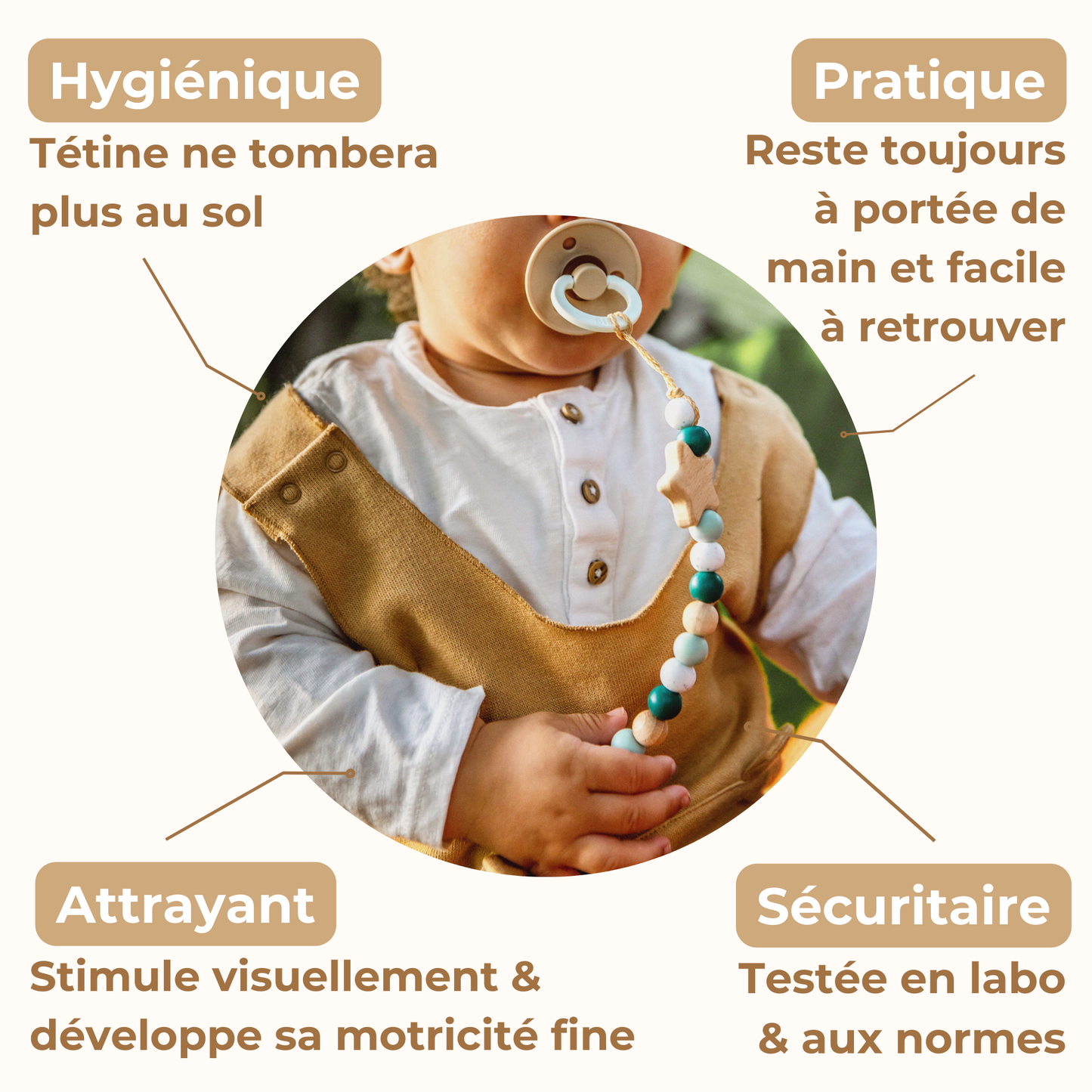 Attache tétine étoile Mawen Materne perles en silicone vert blanc