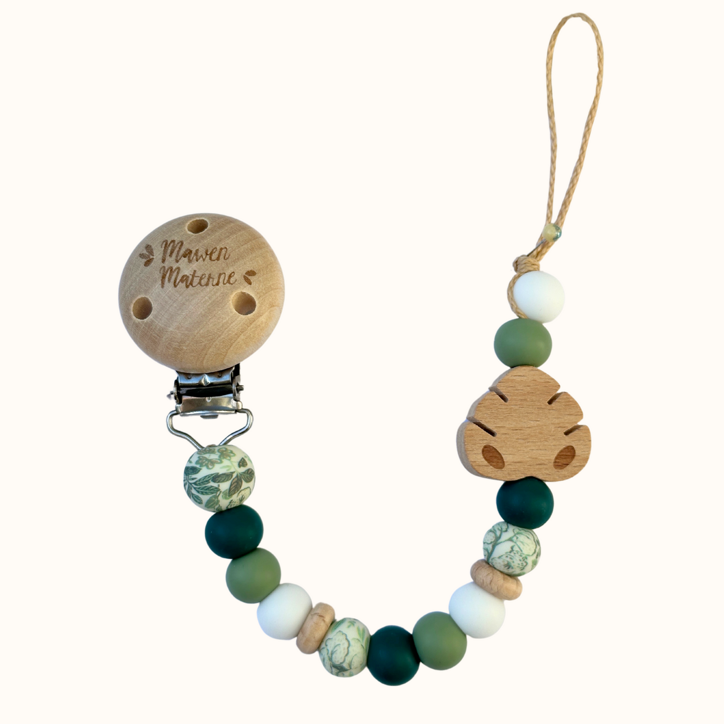 Attache tétine feuille Mawen Materne perles en silicone vert