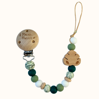 Attache tétine feuille Mawen Materne perles en silicone vert