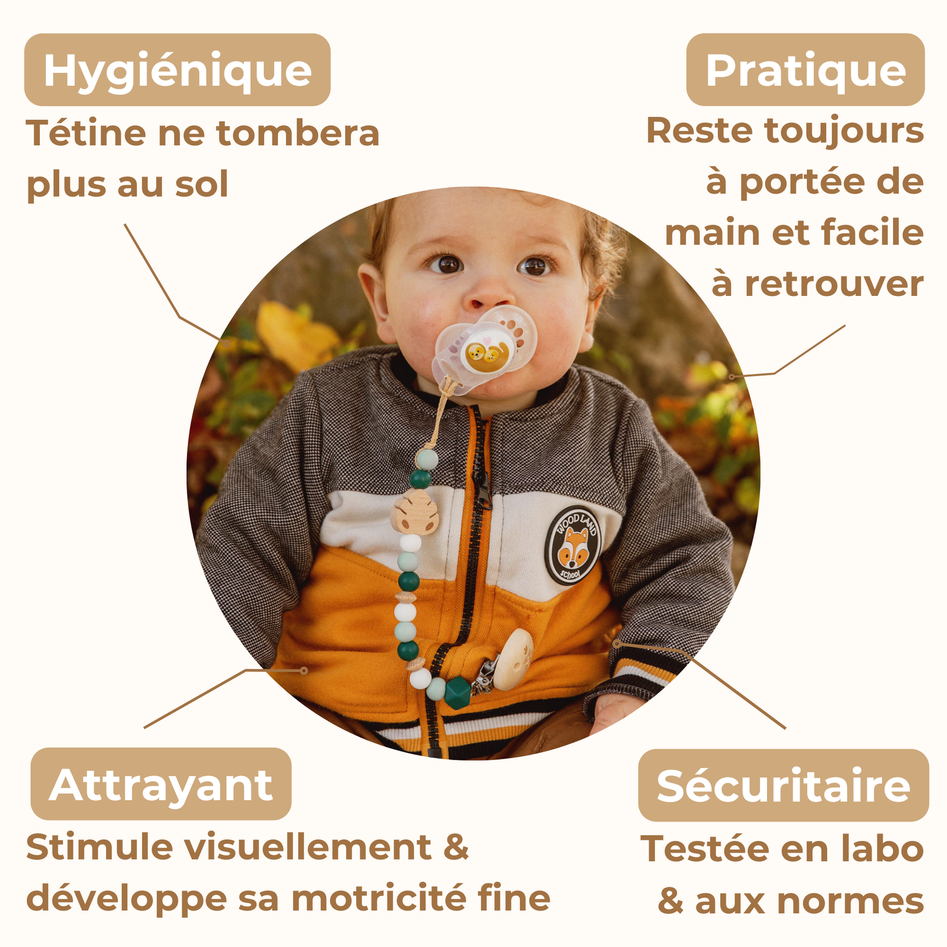 Attache tétine feuille Mawen Materne perles en silicone vert