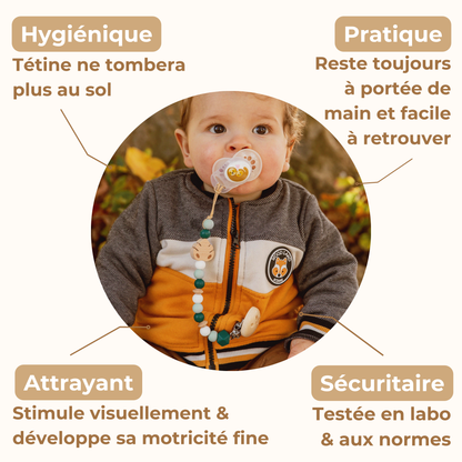Attache tétine feuille Mawen Materne perles en silicone vert