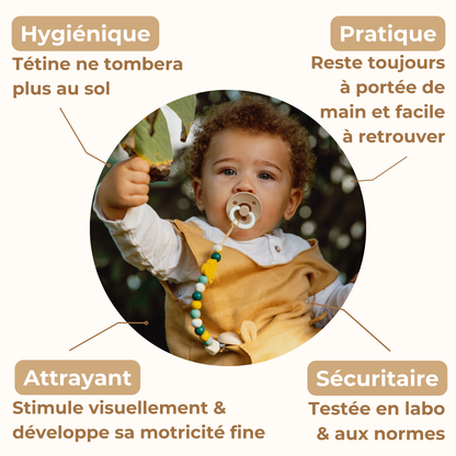 Attache tétine feuille Mawen Materne perles en silicone vert jaune