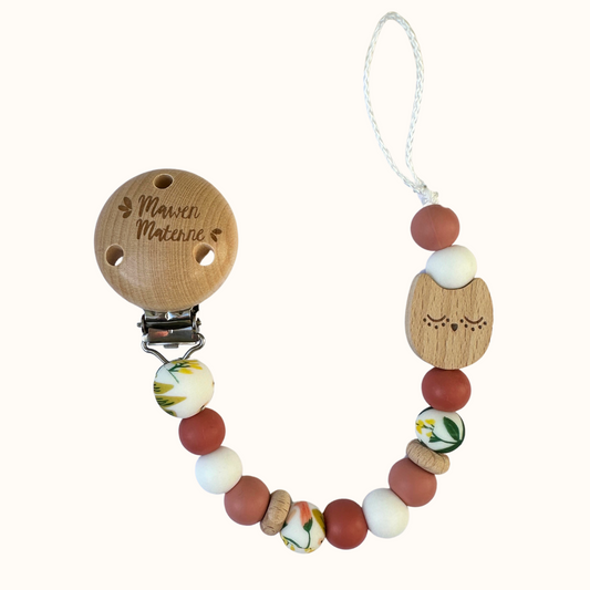 Attache tétine hibou Mawen Materne perles en silicone rose