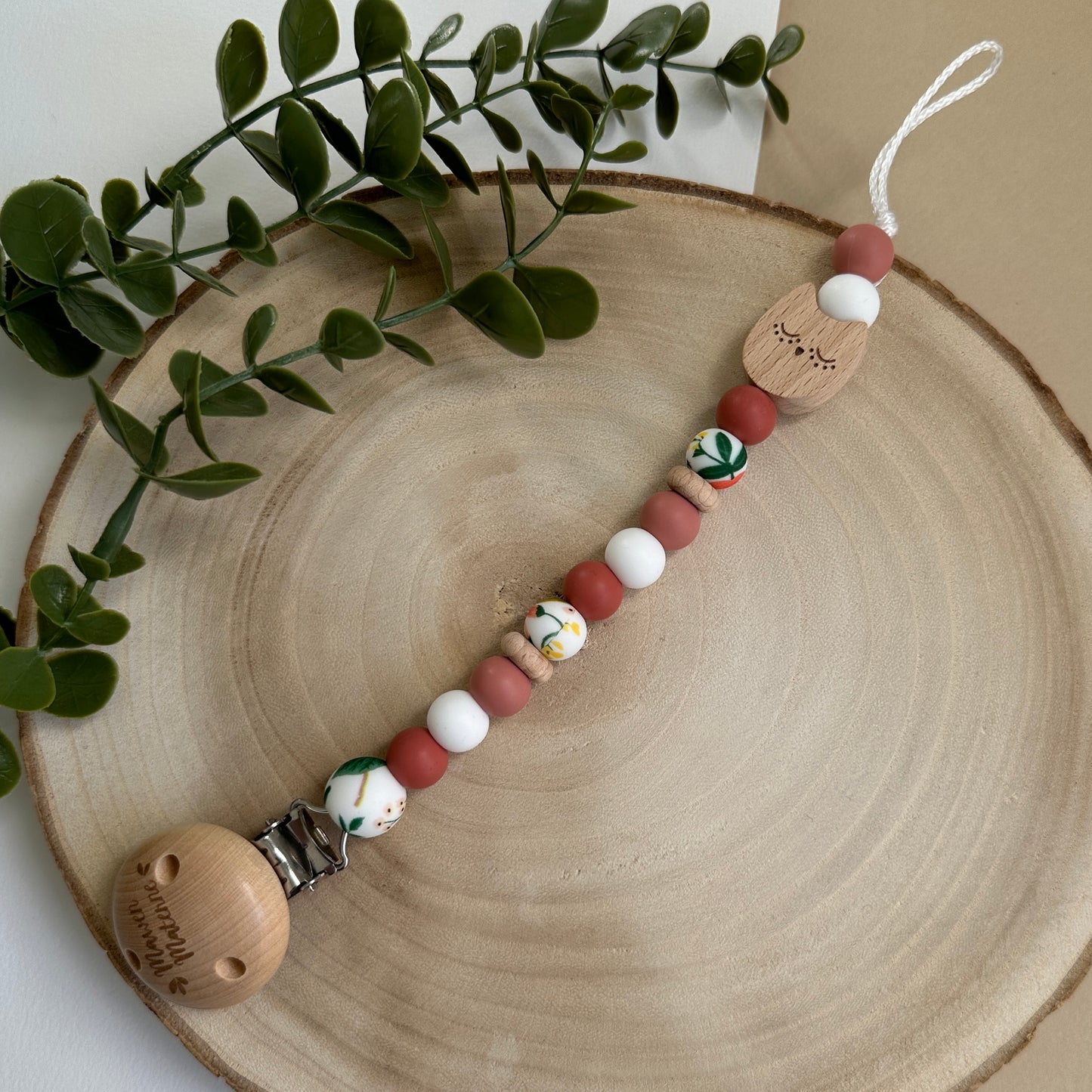 Attache tétine hibou Mawen Materne perles en silicone rose