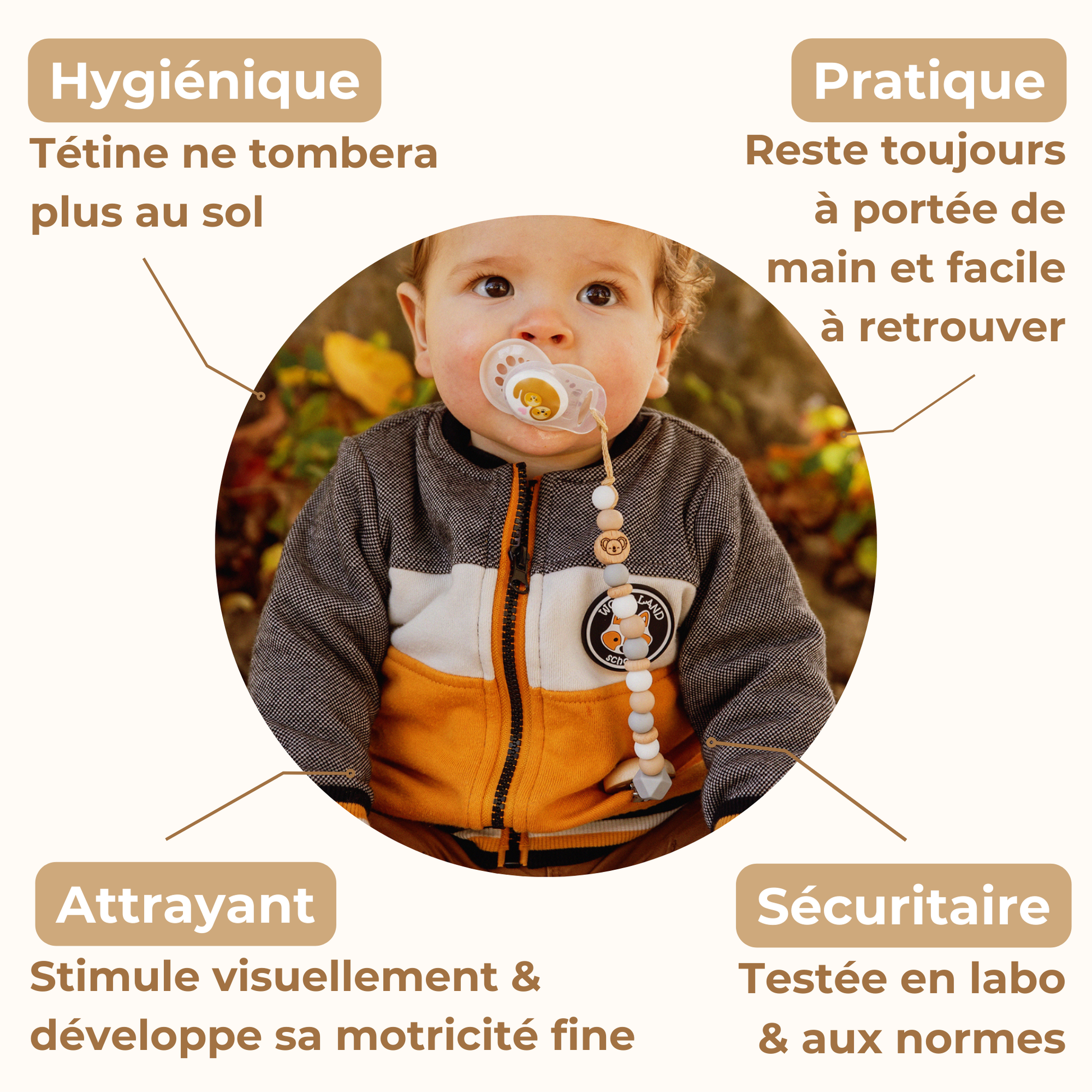 Attache tétine koala Mawen Materne perles en silicone gris blanc beige