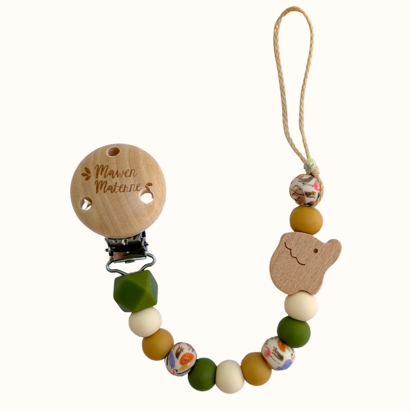 Attache tétine éléphant Mawen Materne perles en silicone vert beige