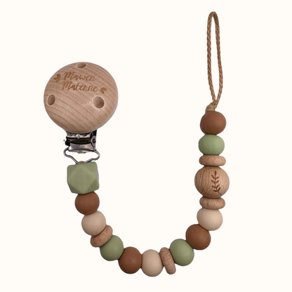 Attache tétine feuille Mawen Materne perles en silicone vert marron beige