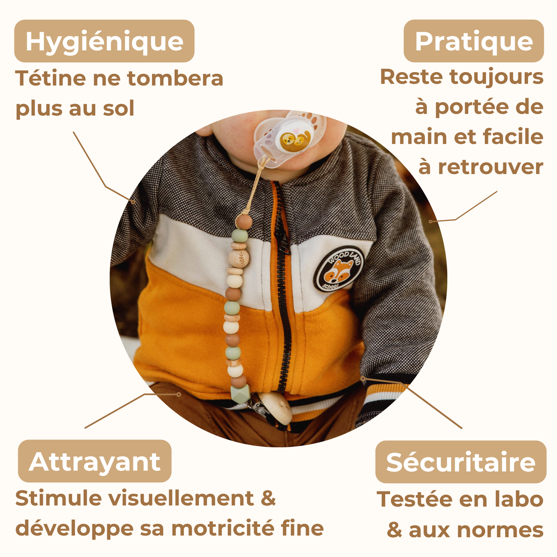 Attache tétine feuille Mawen Materne perles en silicone vert marron beige