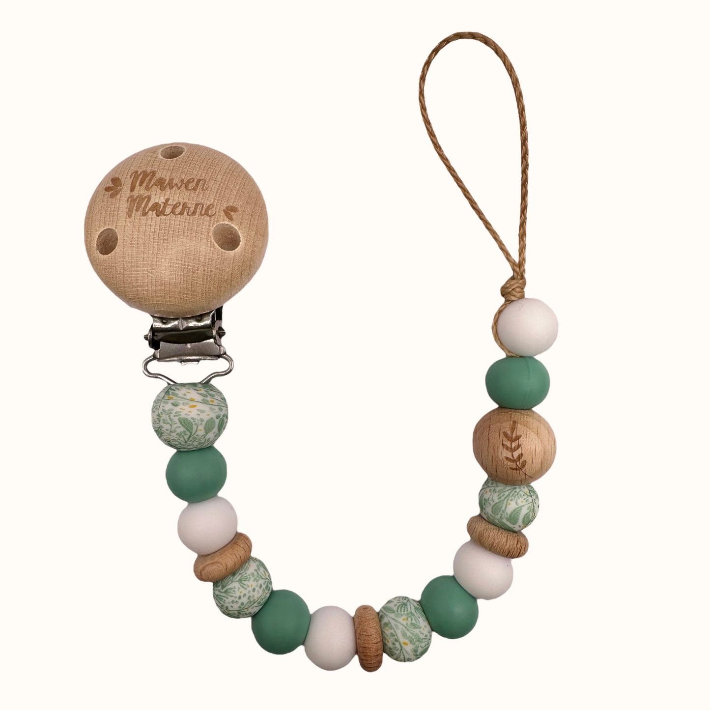 Attache tétine feuille Mawen Materne perles en silicone vert