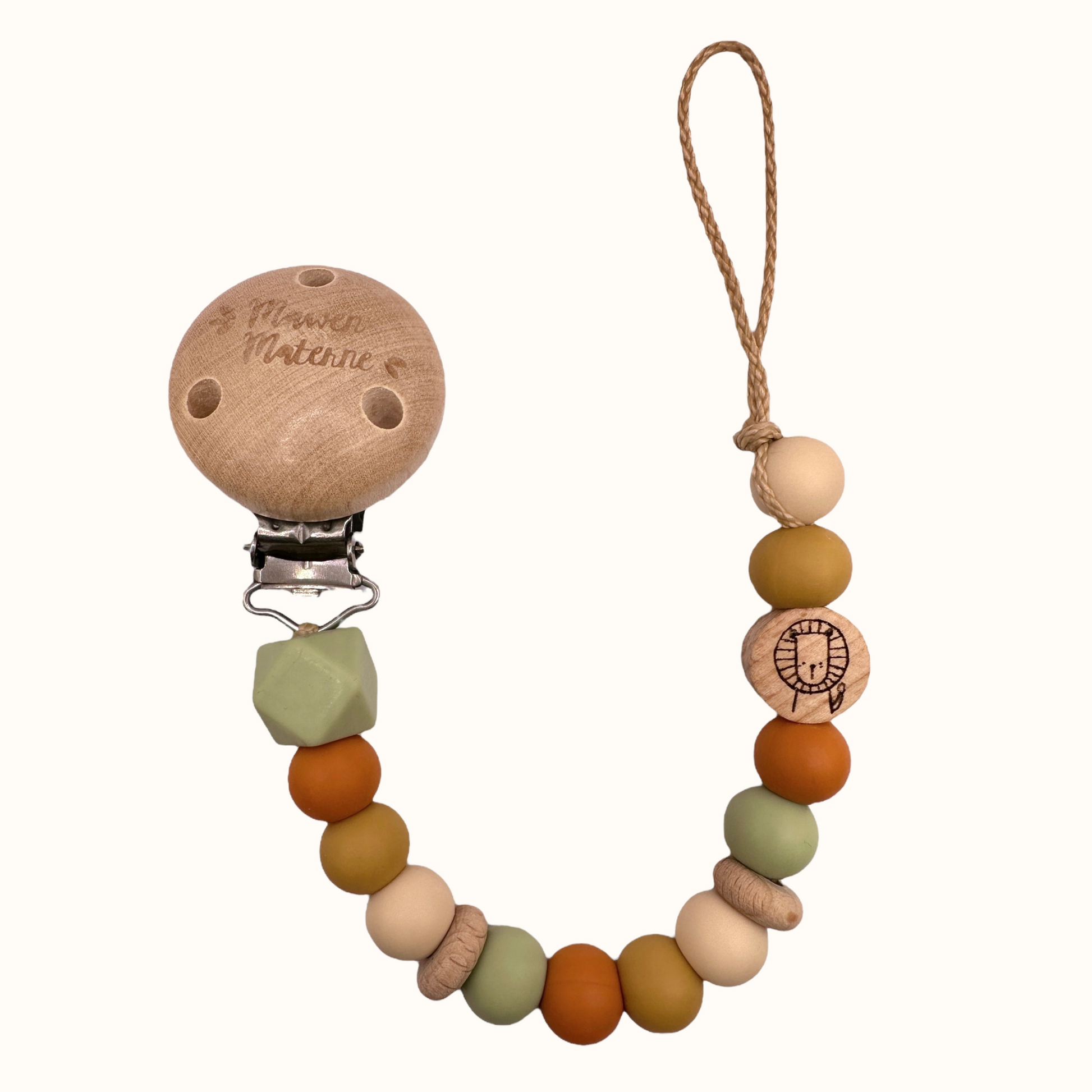 Attache tétine lion Mawen Materne perles silicone vert jaune beige 