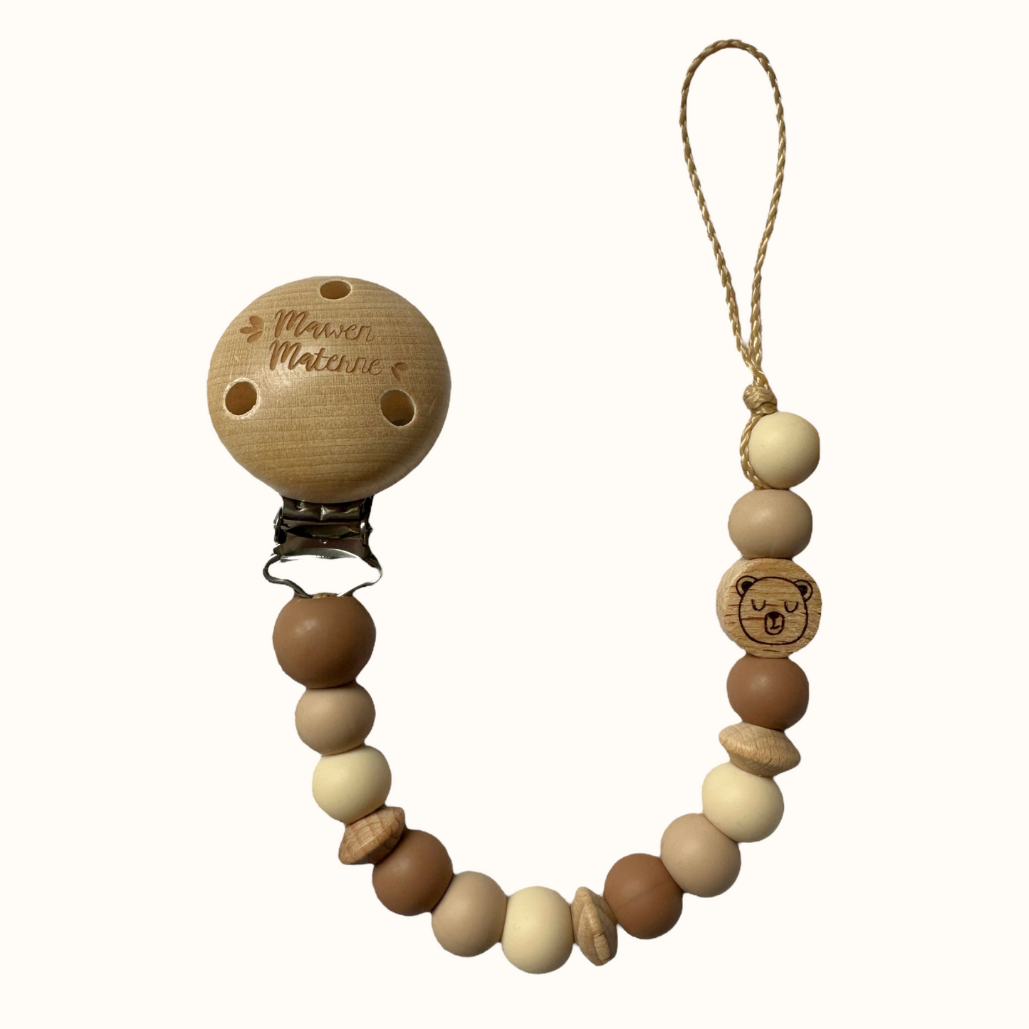 Attache tétine ours Mawen Materne perles en silicone marron beige