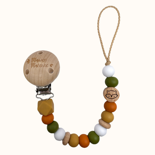 Attache tétine renard Mawen Materne perles en silicone kaki blanc amande