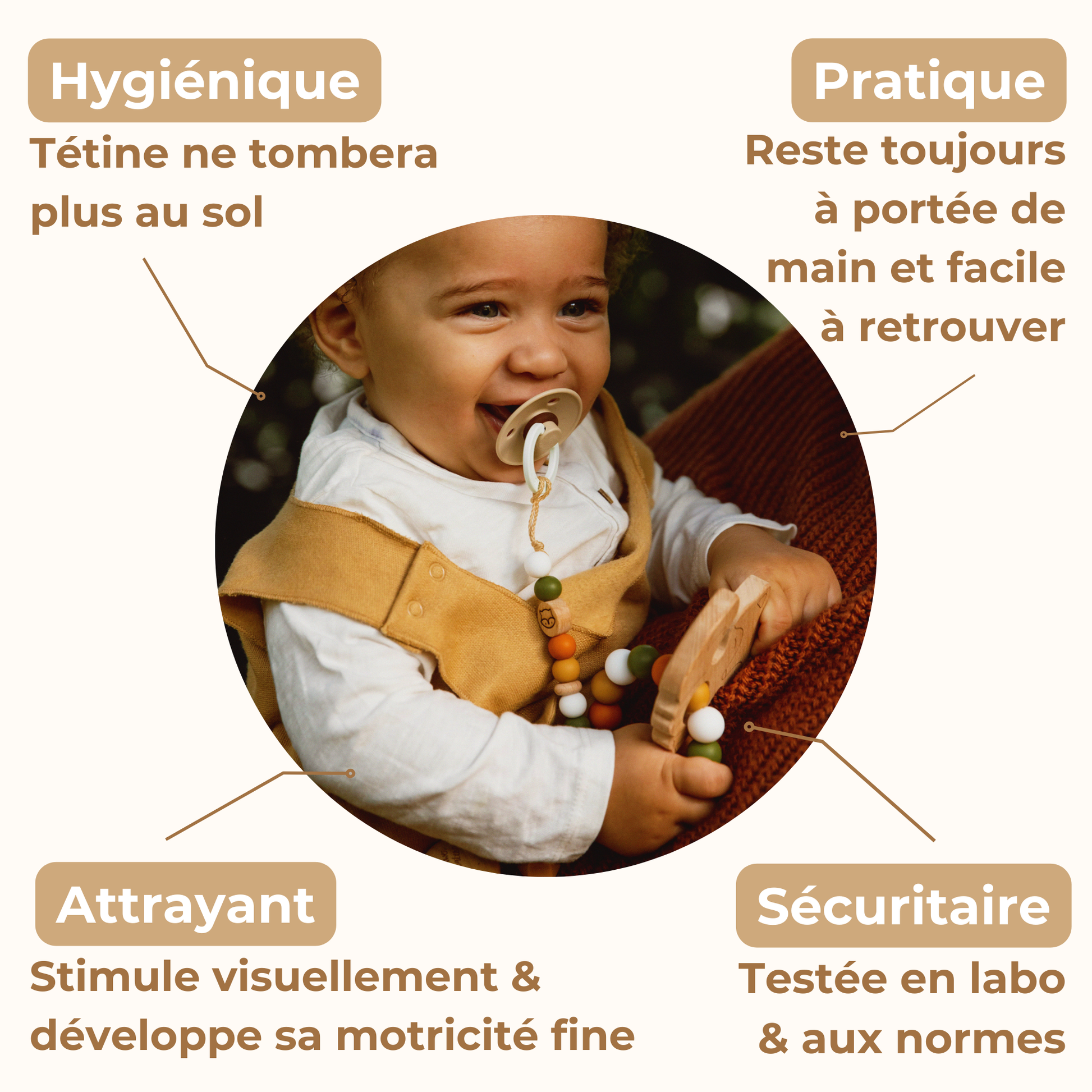 Attache tétine renard Mawen Materne perles en silicone kaki blanc amande