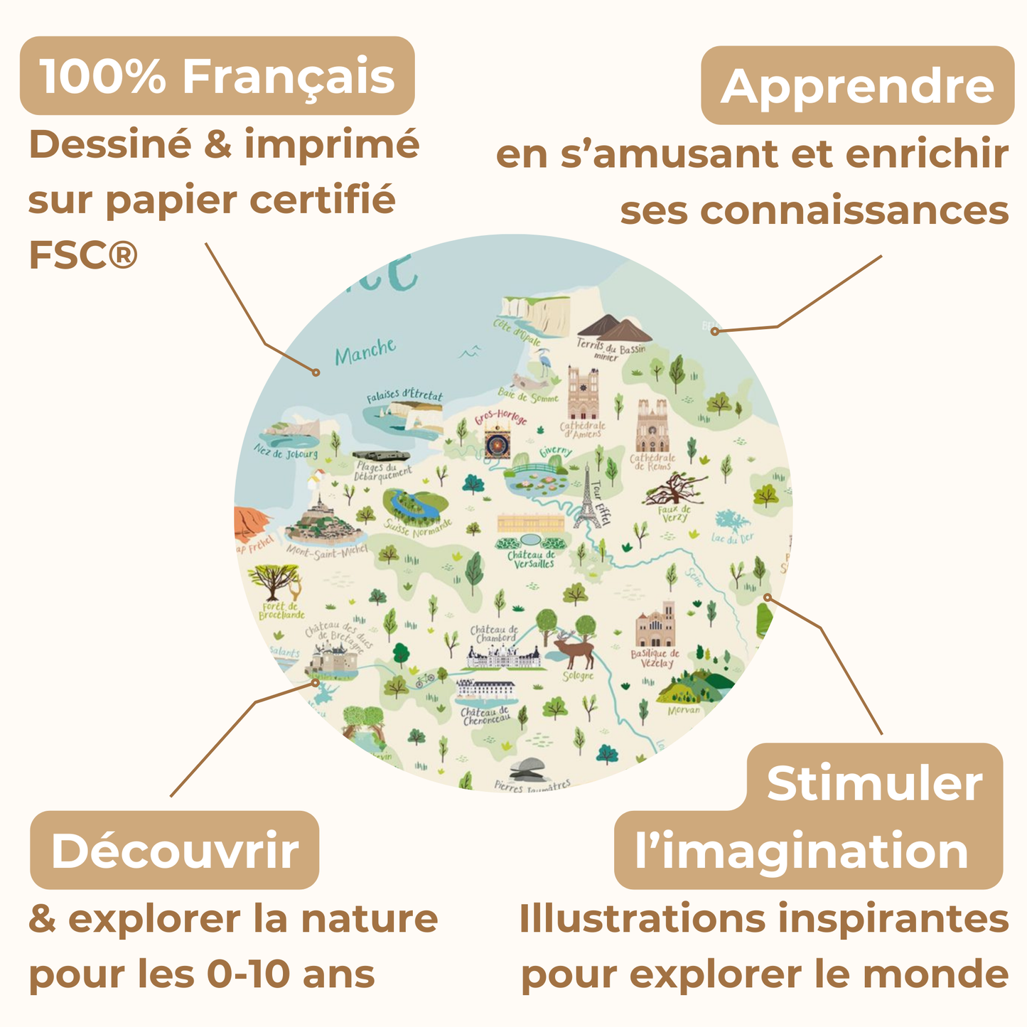 Affiche Illustrée A3 |  Carte des Merveilles de France + Cherche et Trouve
