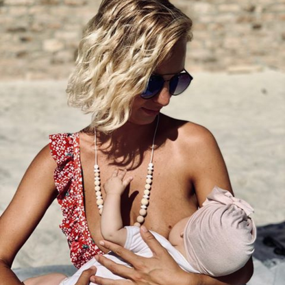 Collier d’allaitement Mawen Materne en silicone et bois perles beige blanc