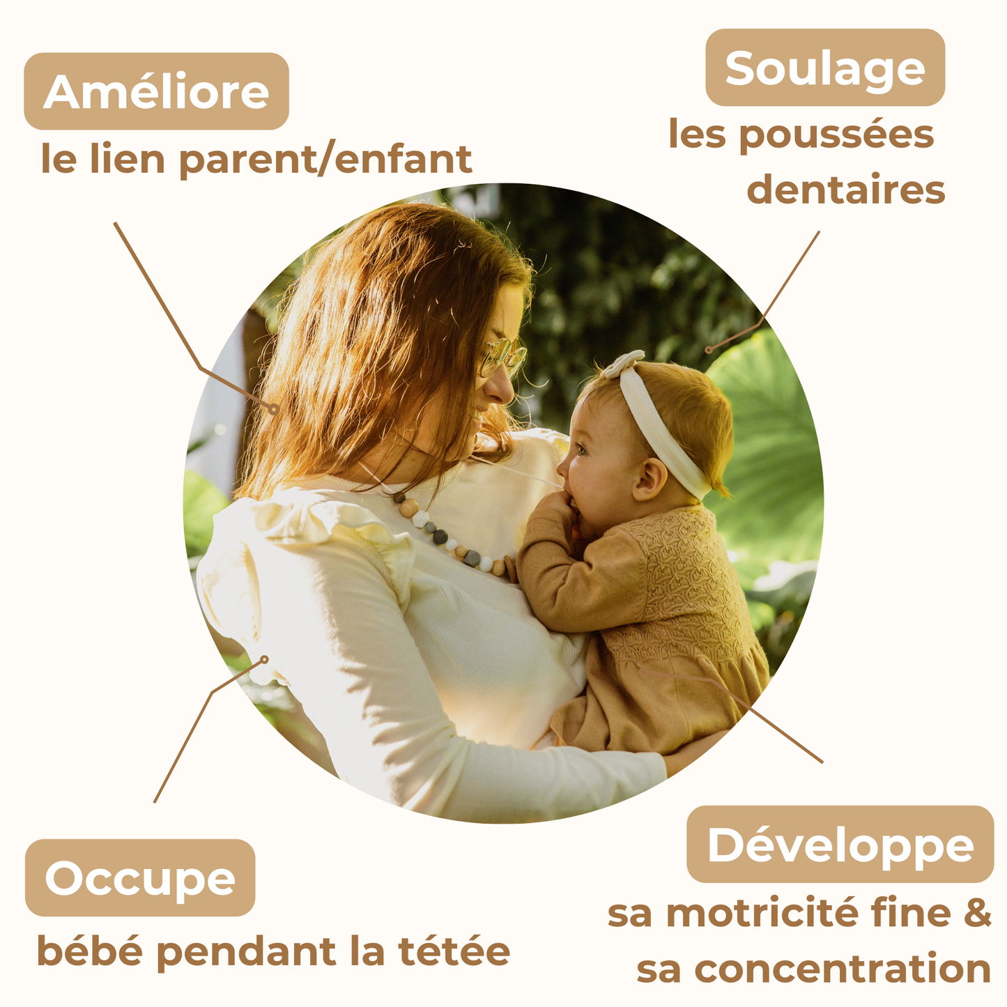 Collier d’allaitement Mawen Materne en silicone et bois perles gris blanc