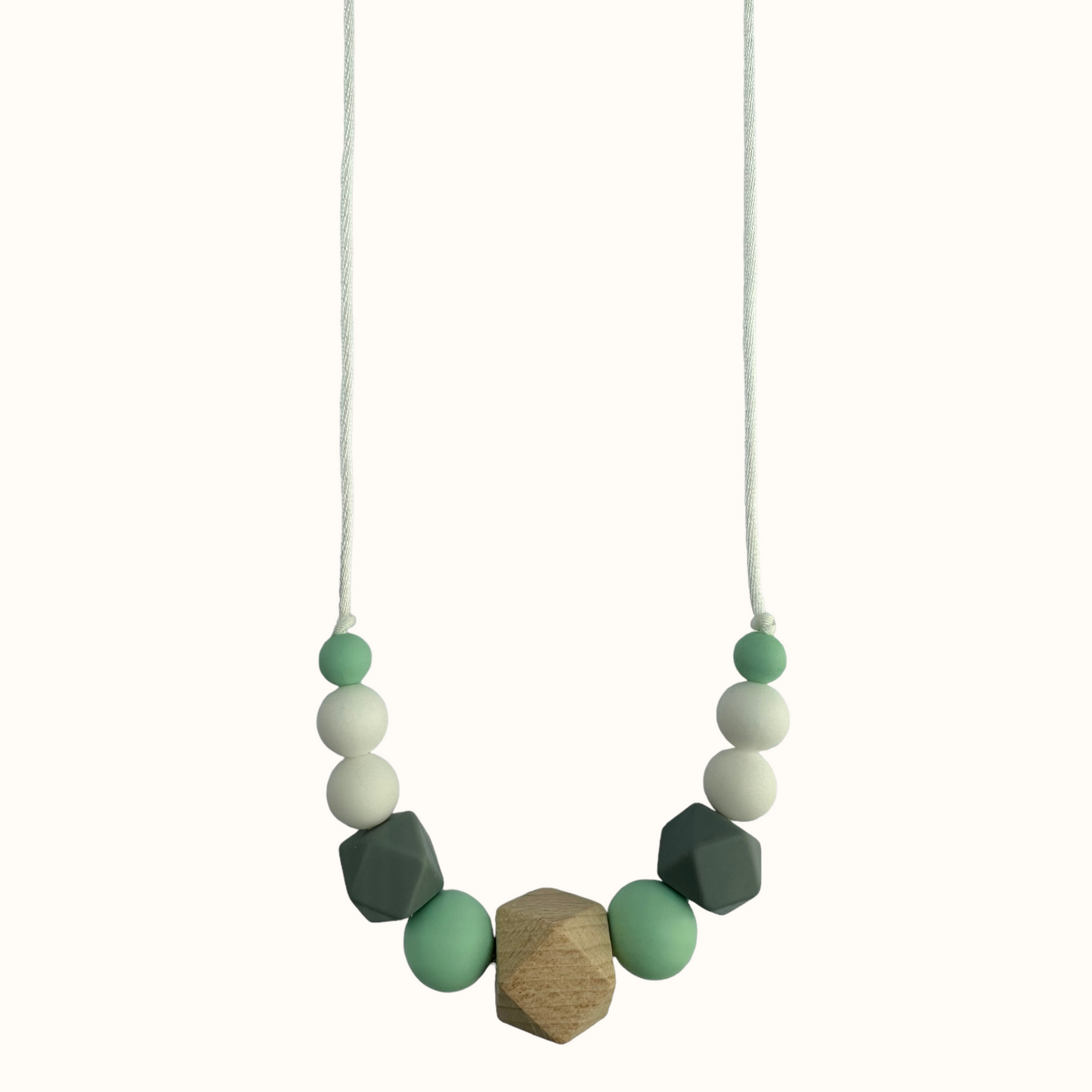 Collier d’allaitement Mawen Materne en bois et silicone perles gris vert blanc