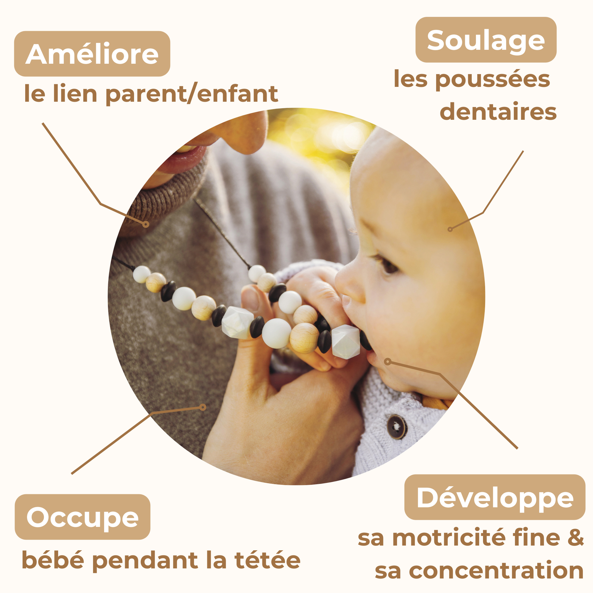 Collier d’allaitement Mawen Materne en silicone et bois perles blanc noir nacré