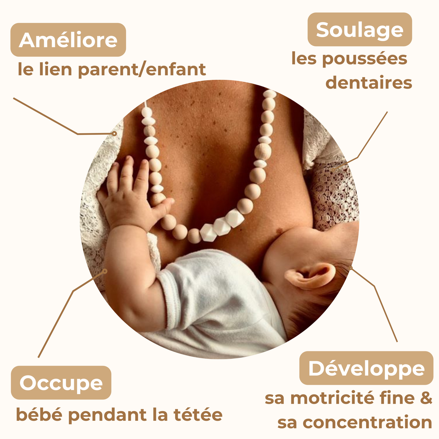 Collier d’allaitement Mawen Materne en silicone et bois perles beige blanc