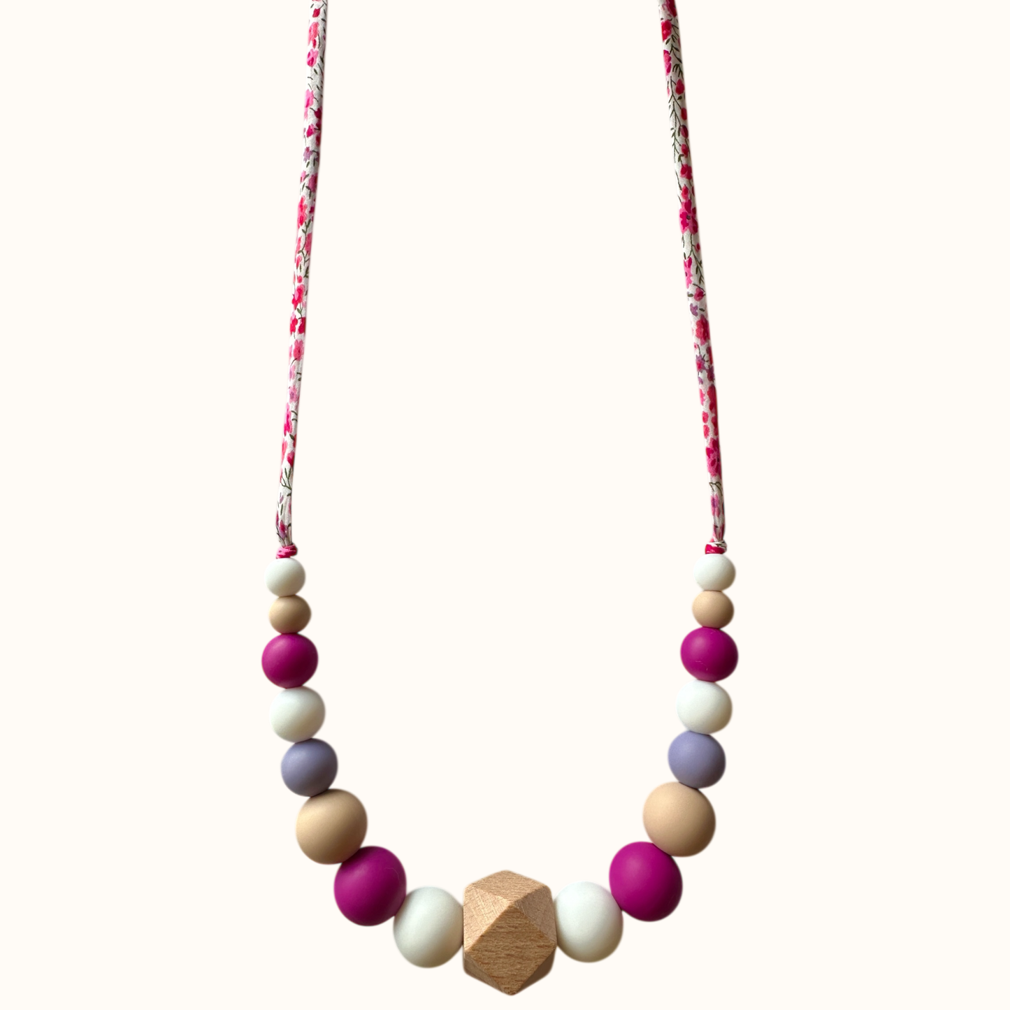 Collier d’allaitement Mawen Materne en silicone et bois perles blanc beige rose