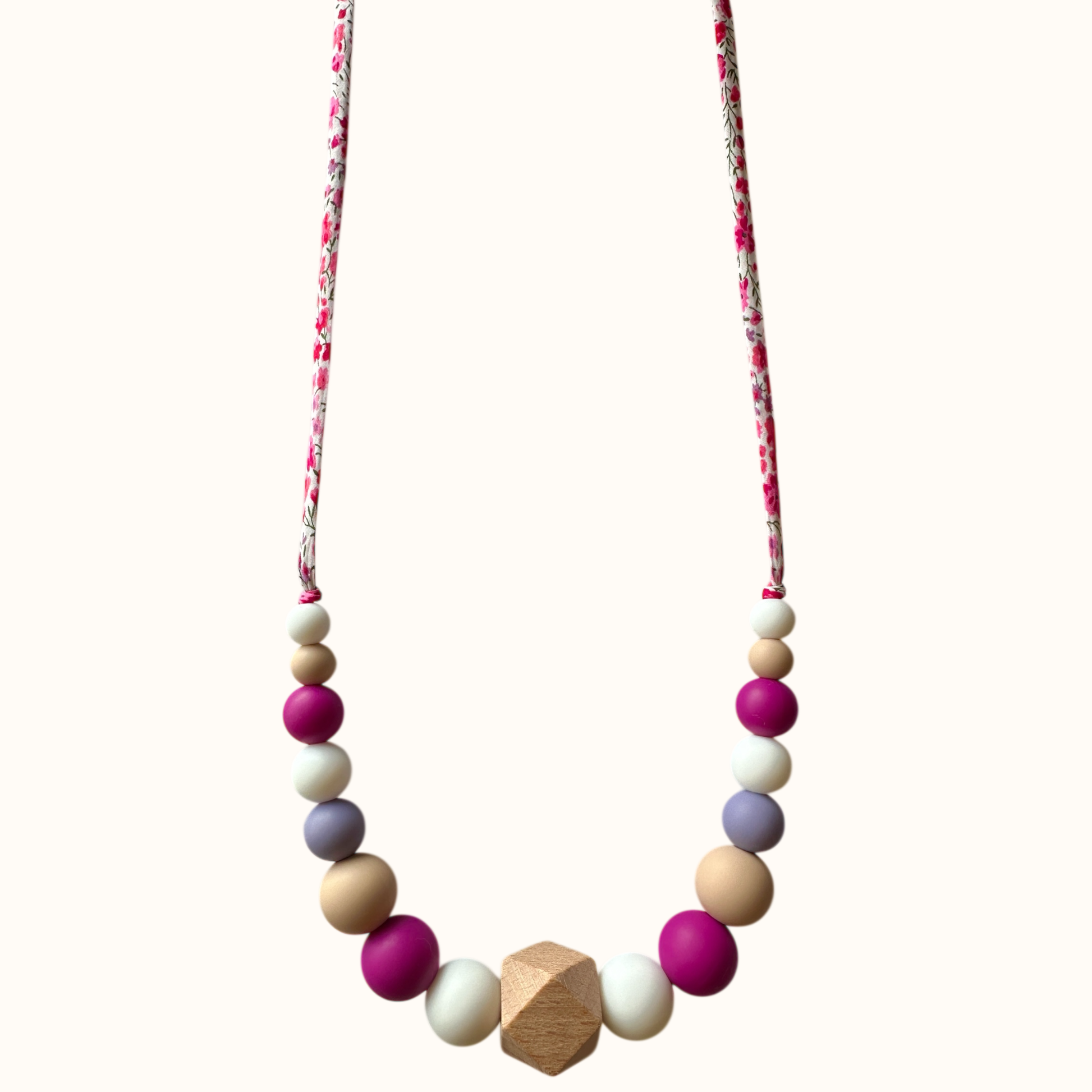 Collier d’allaitement Mawen Materne en silicone et bois perles blanc beige rose