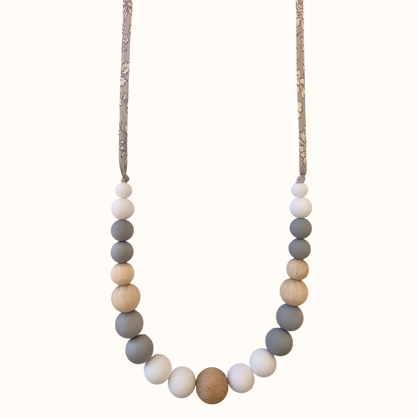 Collier d’allaitement Mawen Materne en silicone et bois perles blanc gris