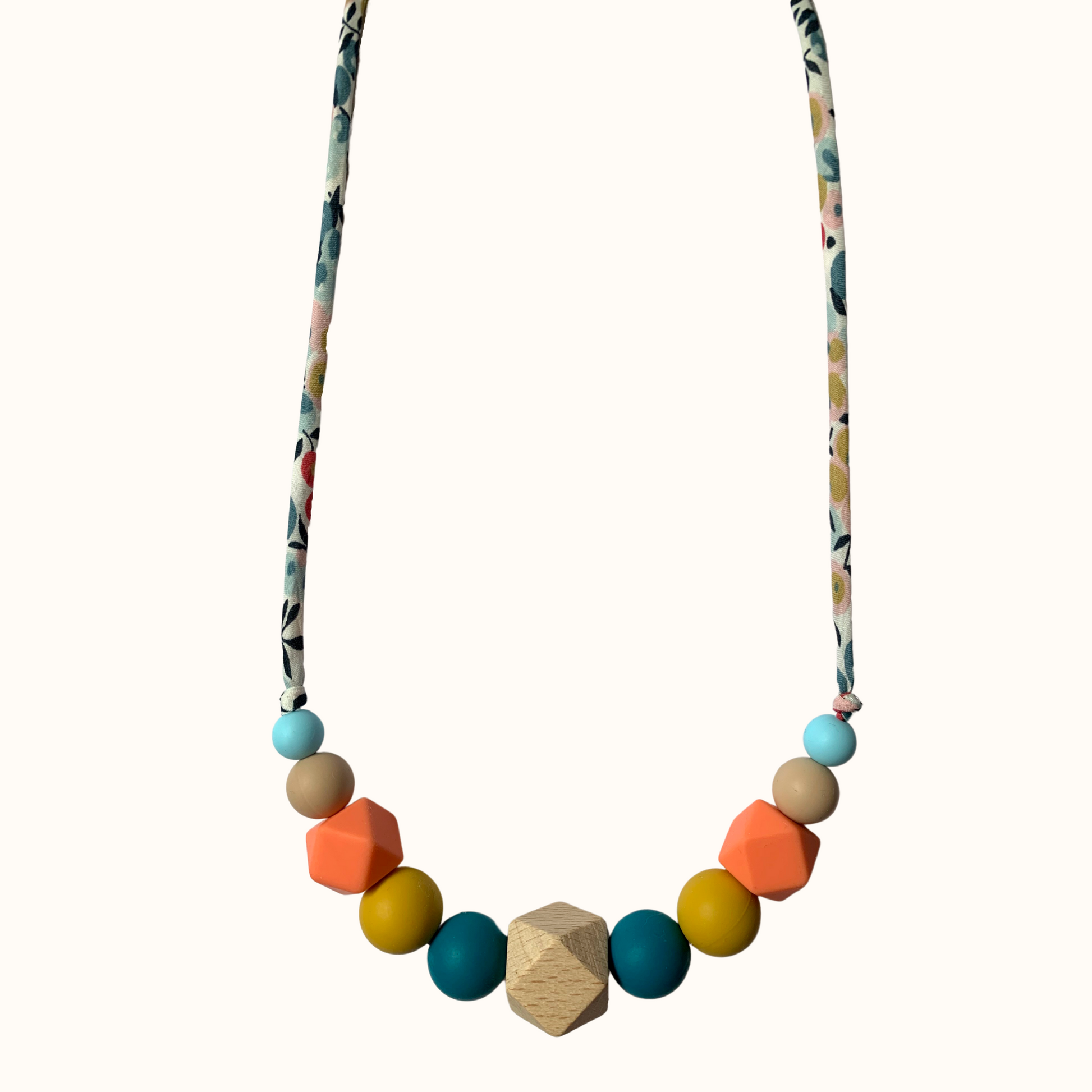 Collier d’allaitement Mawen Materne en bois et silicone perles bleu jaune orange