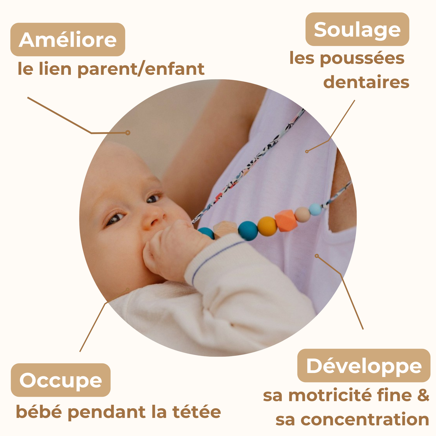 Collier d’allaitement Mawen Materne en bois et silicone perles bleu jaune orange