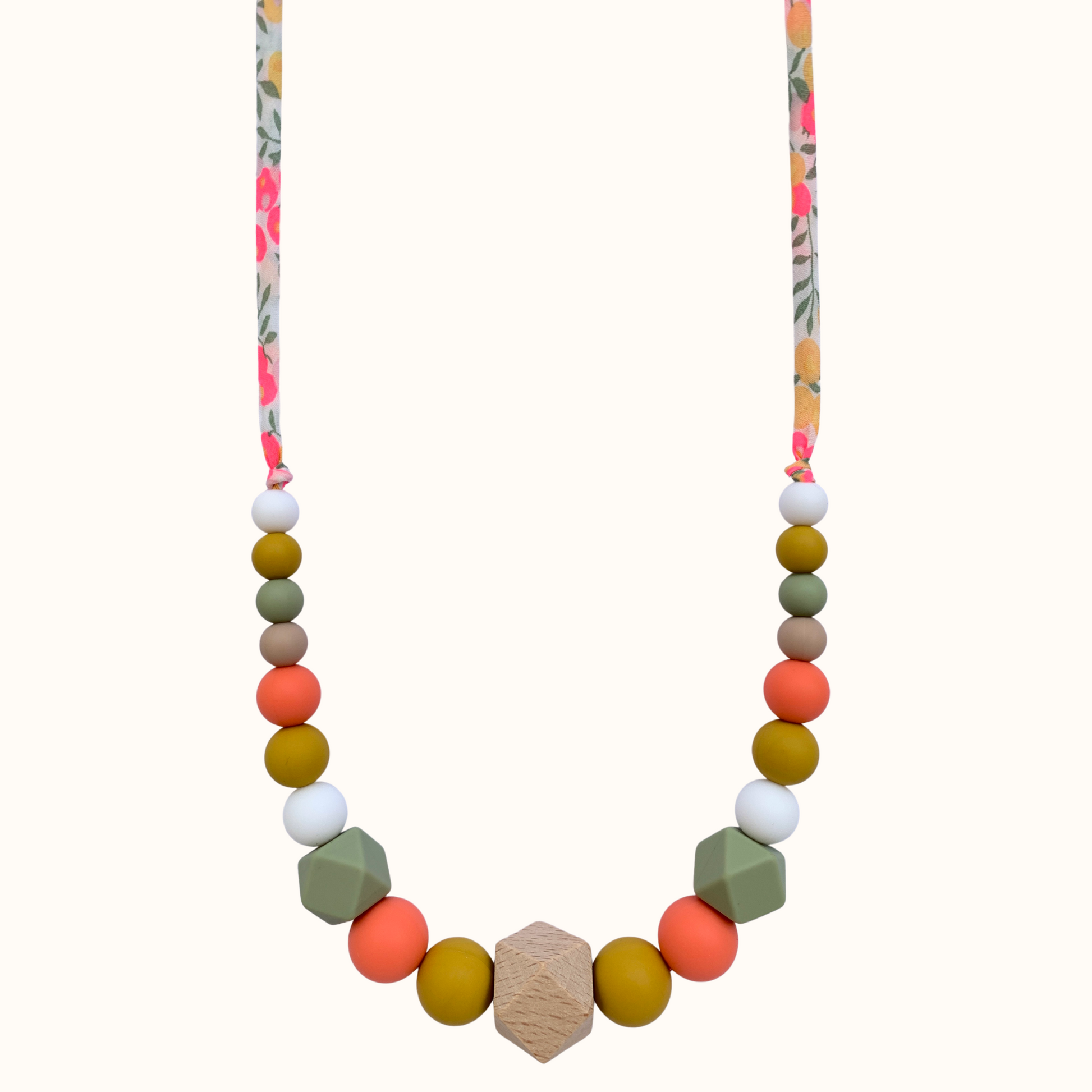 Collier d’allaitement Mawen Materne en silicone et bois perles blanc orange jaune
